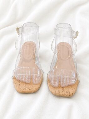Qupid Clear PVC Strappy Sandals with Natural Cork Trim